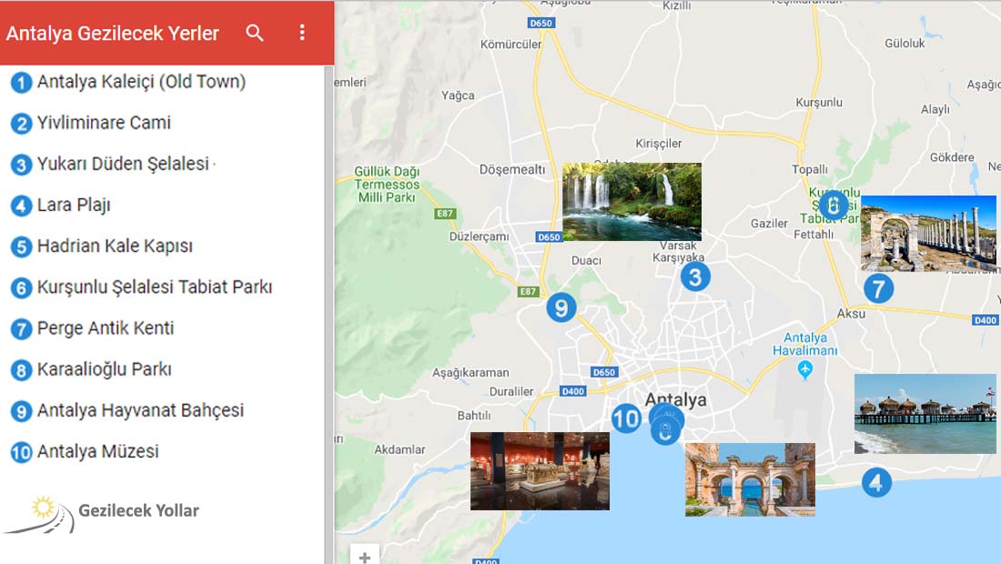 Antalya Gezilecek Yerler Haritası