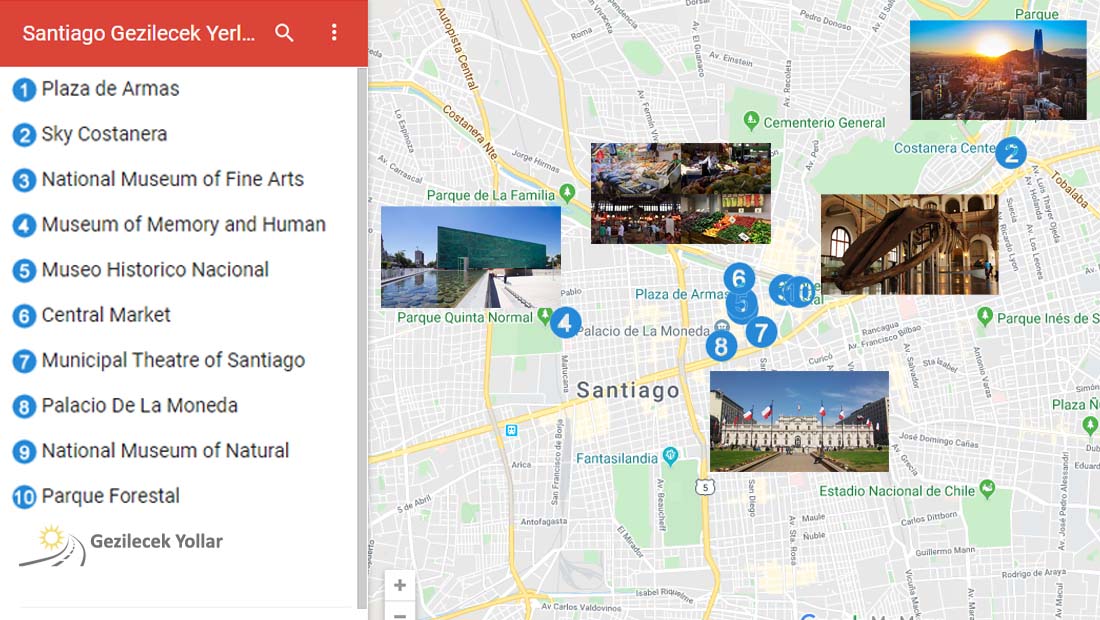 Santiago Gezilecek Yerler Haritası