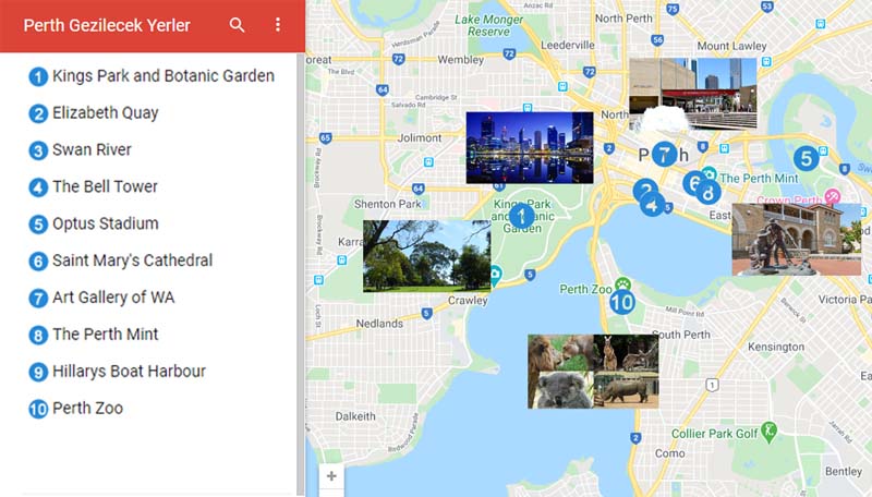 Perth Gezilecek Yerler Haritası