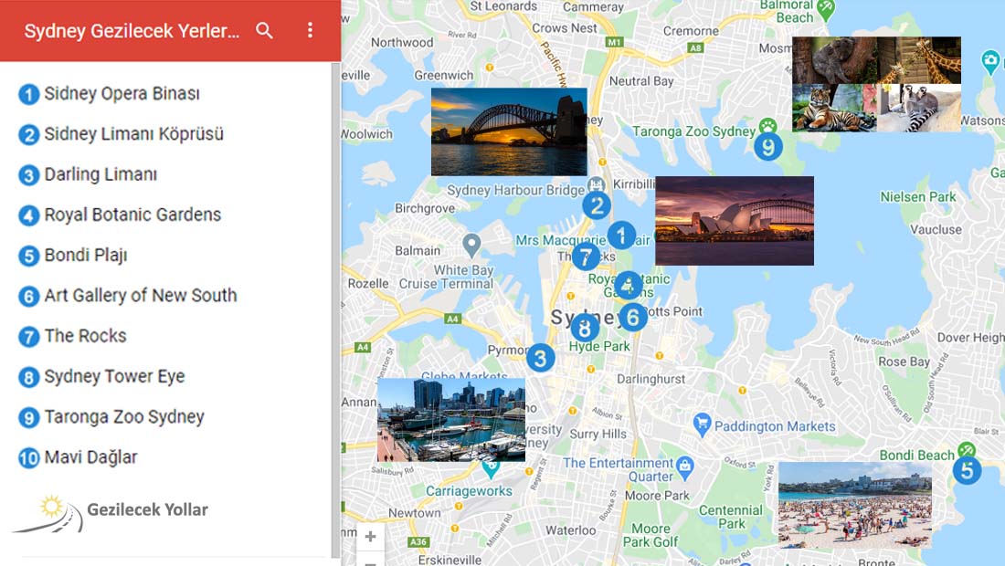 Sydney Gezilecek Yerler Haritası