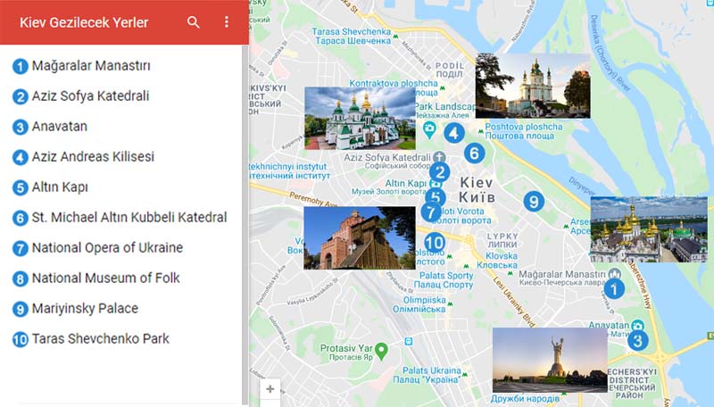 Kiev Gezilecek Yerler Haritası